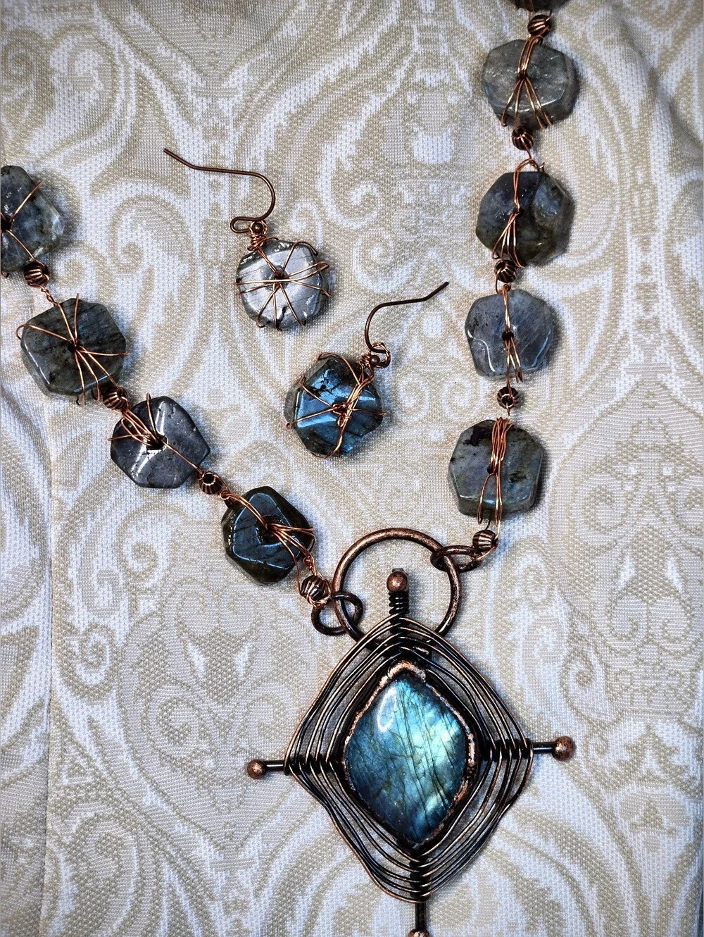 Handmade Natural Wheel Labradorite & Pendant Wire Wrapped Artisan Made Necklace